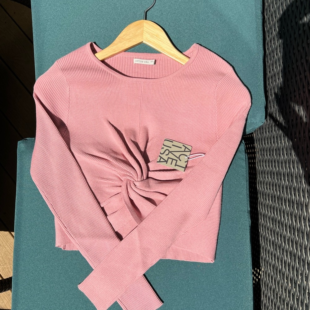 Active USA Pink Front Twist Ribbed Cropped Crewneck Sweater